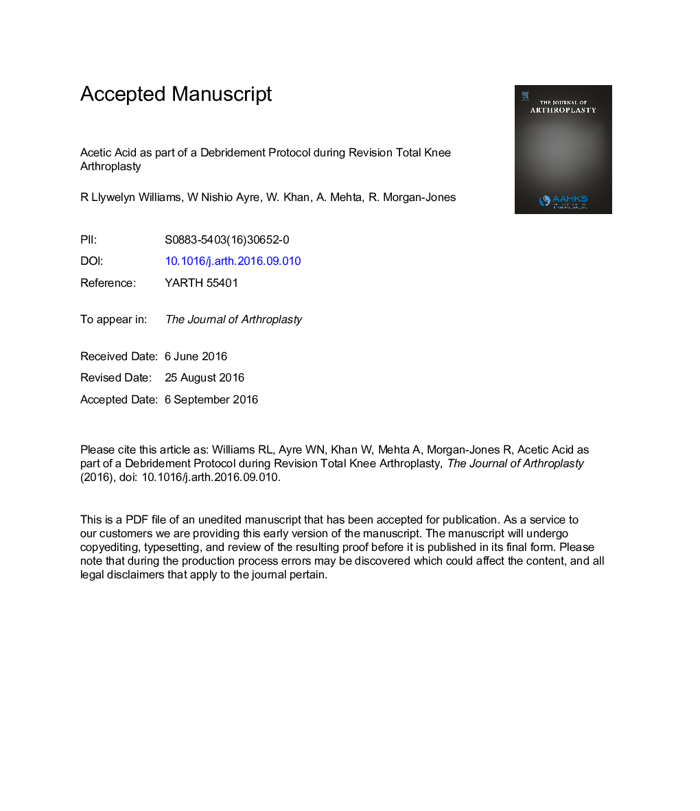 اسید استیک به عنوان بخشی از یک پروتکل تصفیه در طی بازنگری کامل آرتروپلاستی زانو 