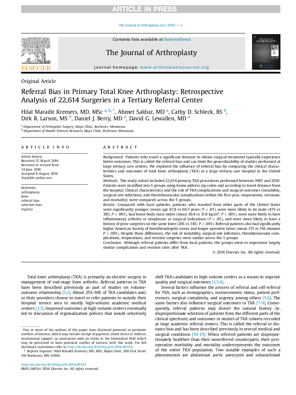 Referral Bias in Primary Total Knee Arthroplasty: Retrospective Analysis of 22,614 Surgeries in a Tertiary Referral Center