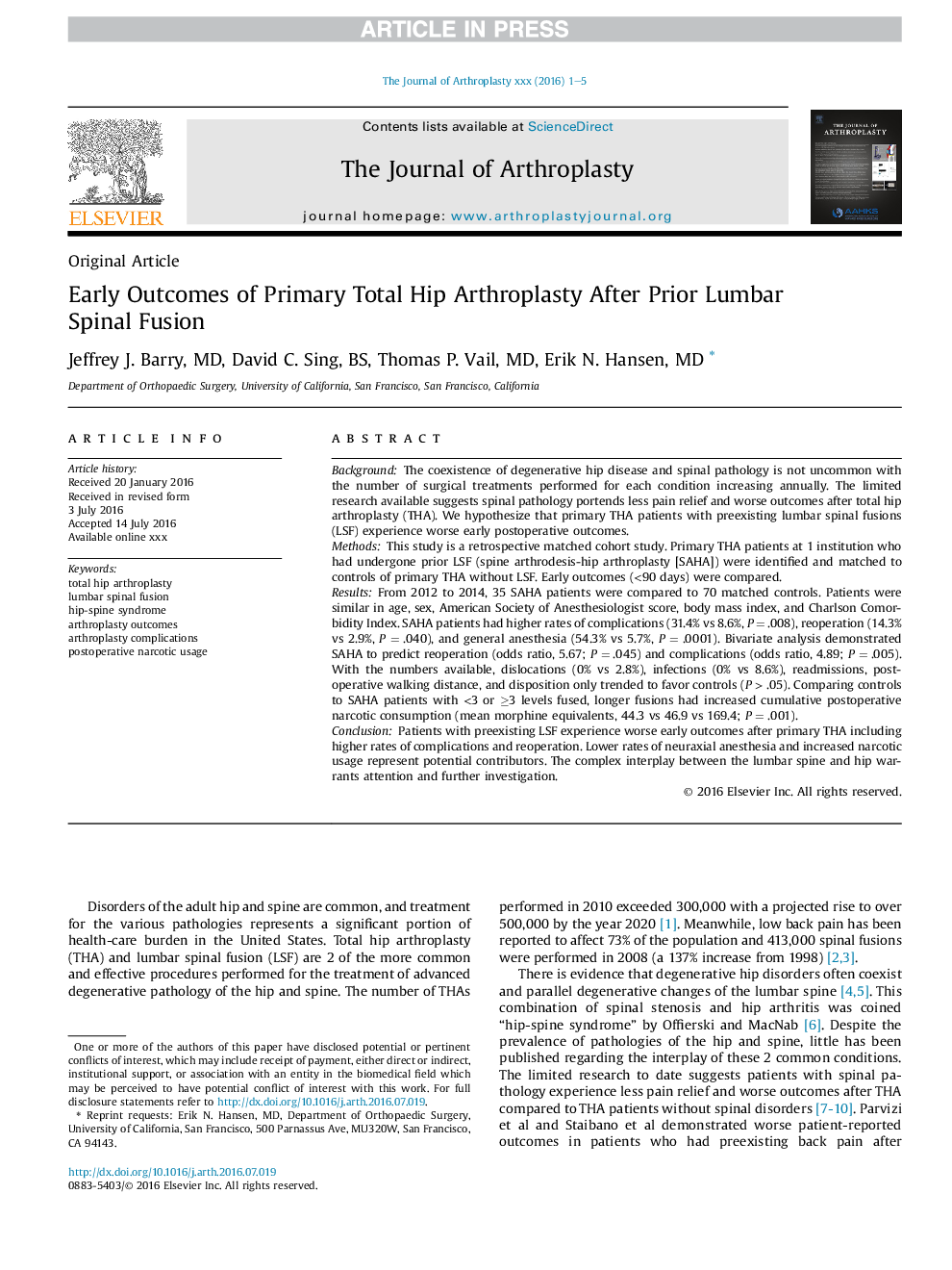 Early Outcomes of Primary Total Hip Arthroplasty After Prior Lumbar Spinal Fusion