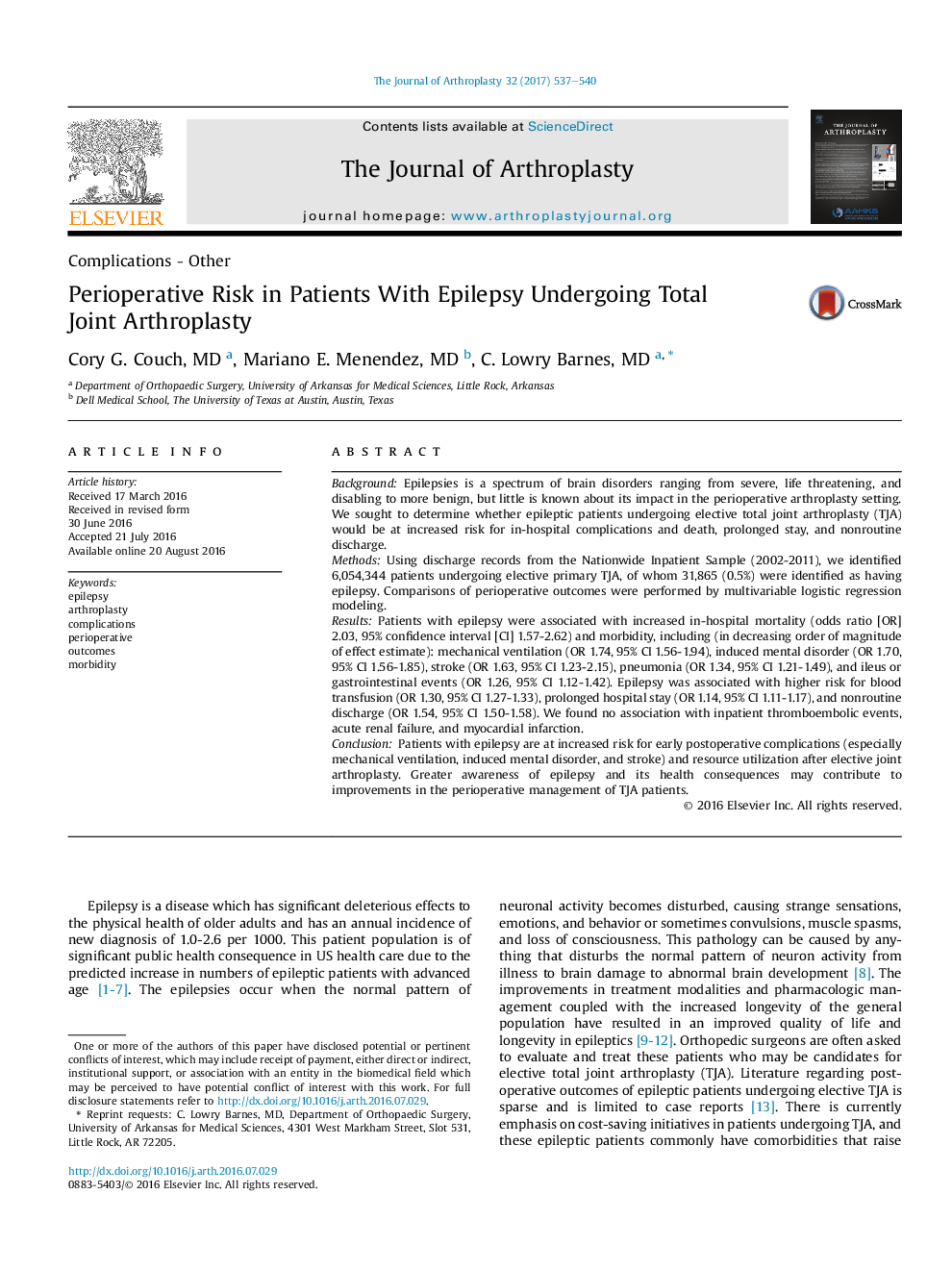 Perioperative Risk in Patients With Epilepsy Undergoing Total Joint Arthroplasty