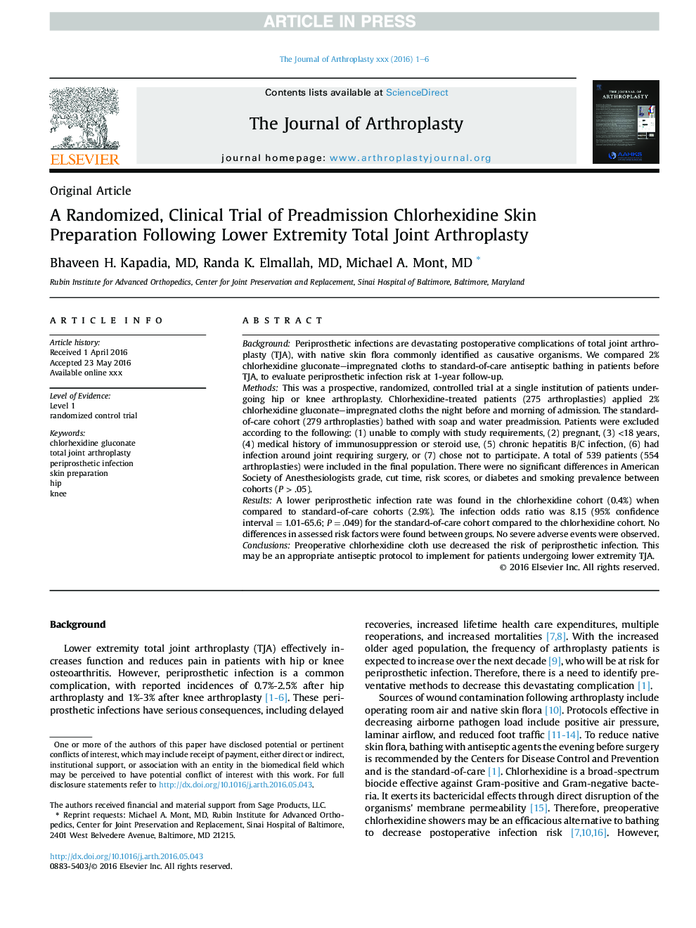 A Randomized, Clinical Trial of Preadmission Chlorhexidine Skin Preparation for Lower Extremity Total Joint Arthroplasty