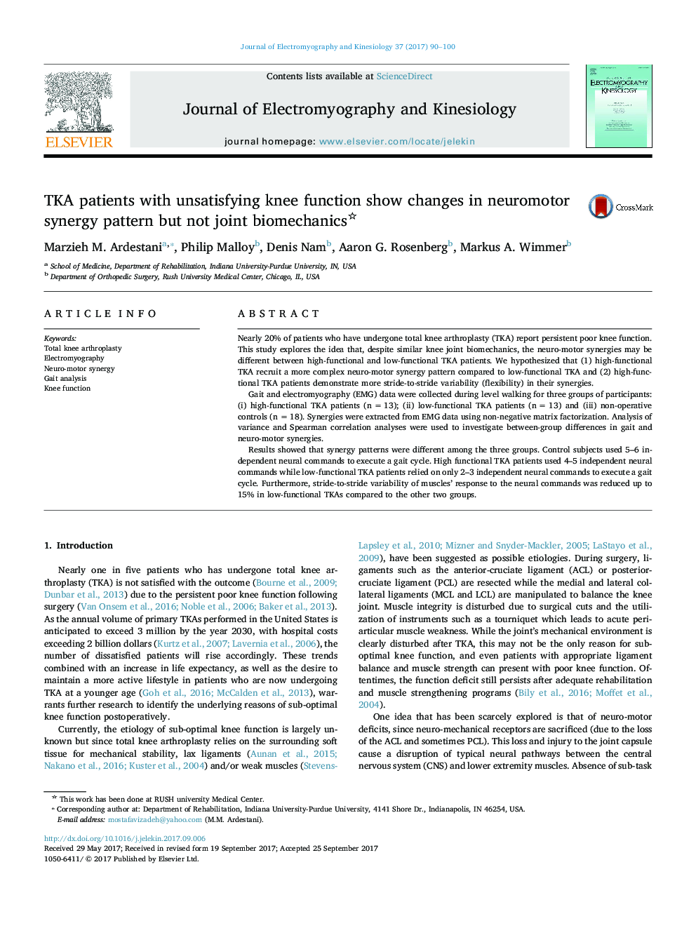 TKA patients with unsatisfying knee function show changes in neuromotor synergy pattern but not joint biomechanics