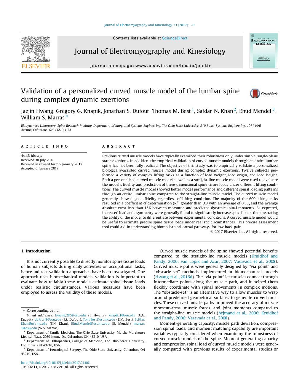 Validation of a personalized curved muscle model of the lumbar spine during complex dynamic exertions