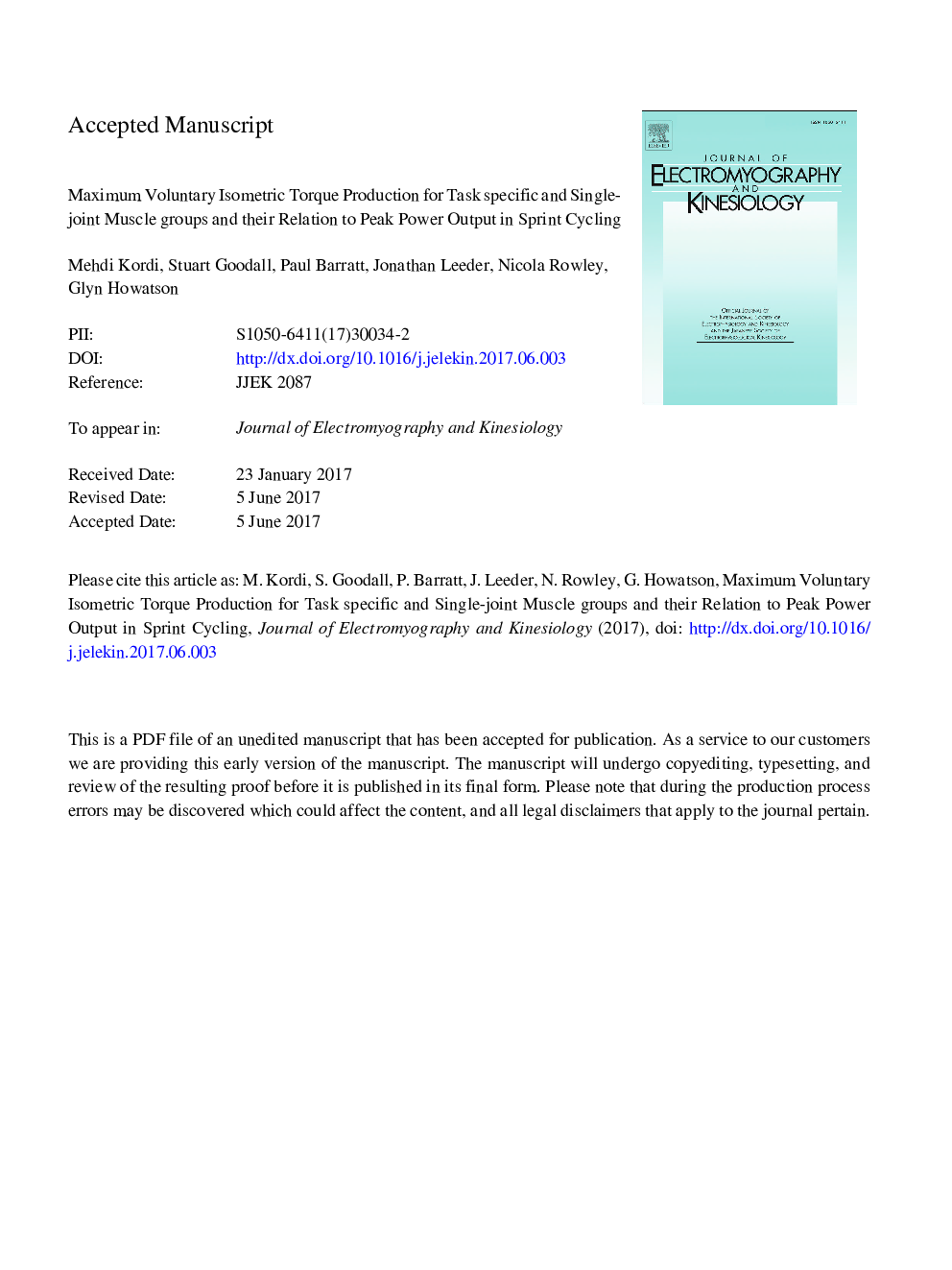 Relation between Peak Power Output in Sprint Cycling and Maximum Voluntary Isometric Torque Production