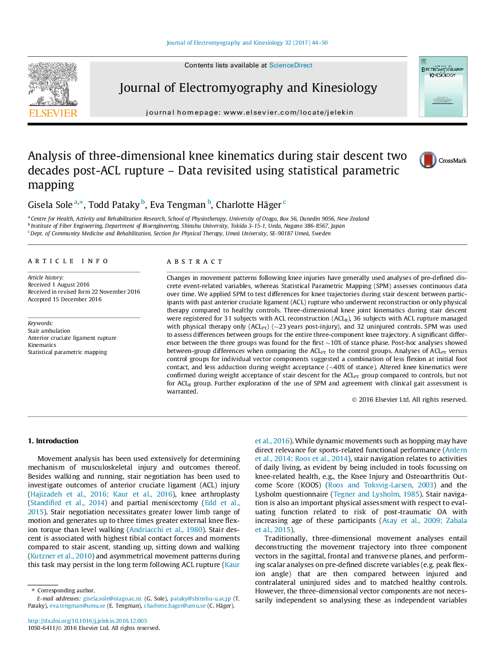 Analysis of three-dimensional knee kinematics during stair descent two decades post-ACL rupture - Data revisited using statistical parametric mapping