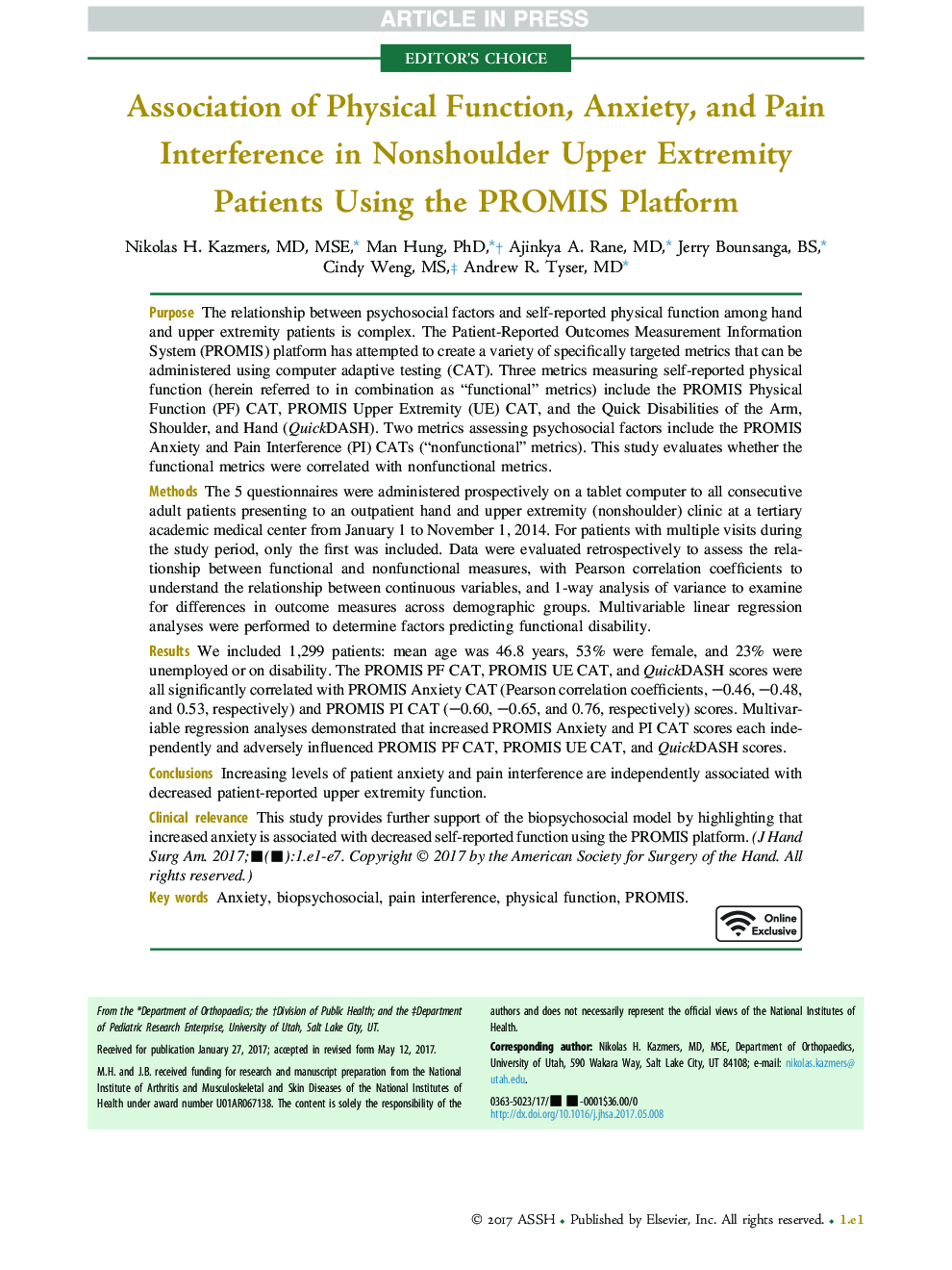 Association of Physical Function, Anxiety, and Pain Interference in Nonshoulder Upper Extremity Patients Using the PROMIS Platform