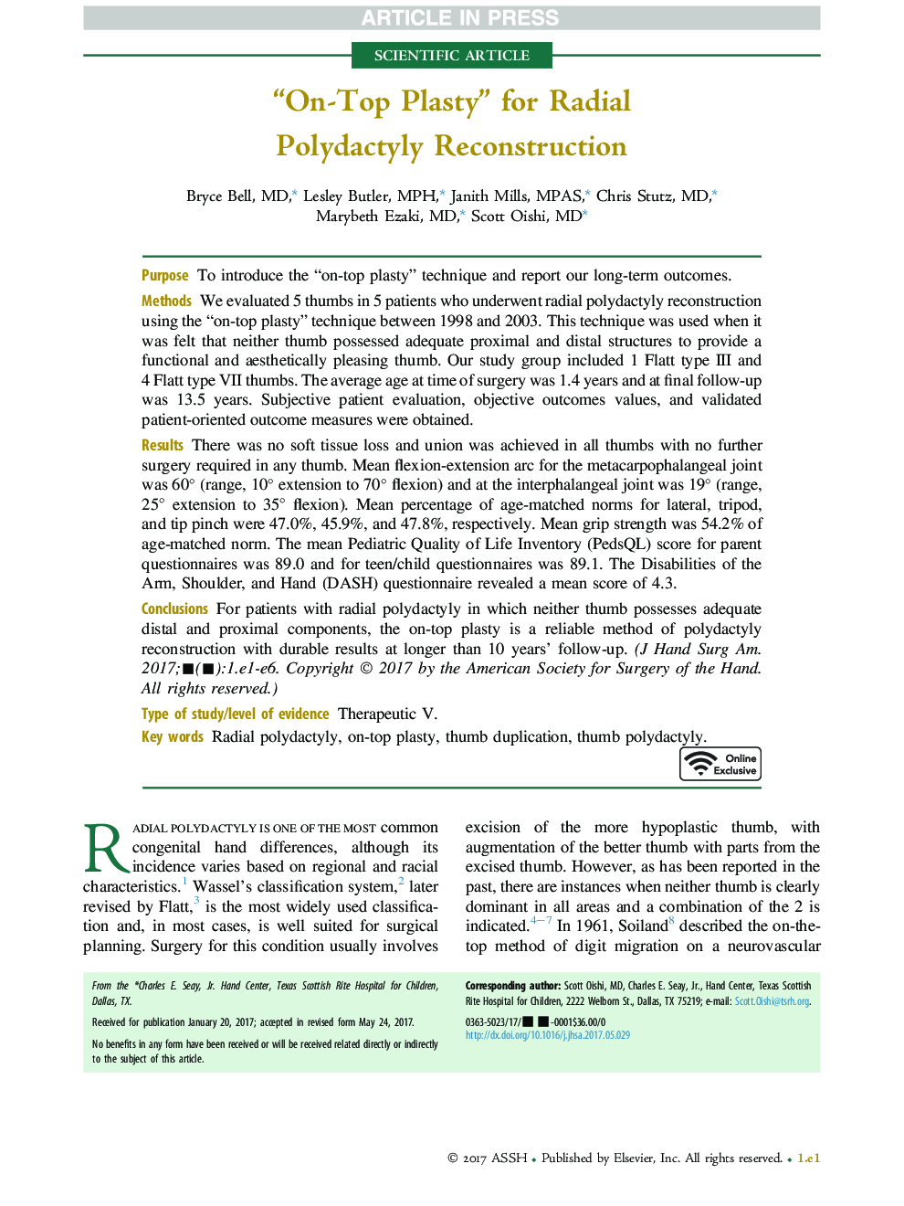 “On-Top Plasty” for Radial PolydactylyÂ Reconstruction