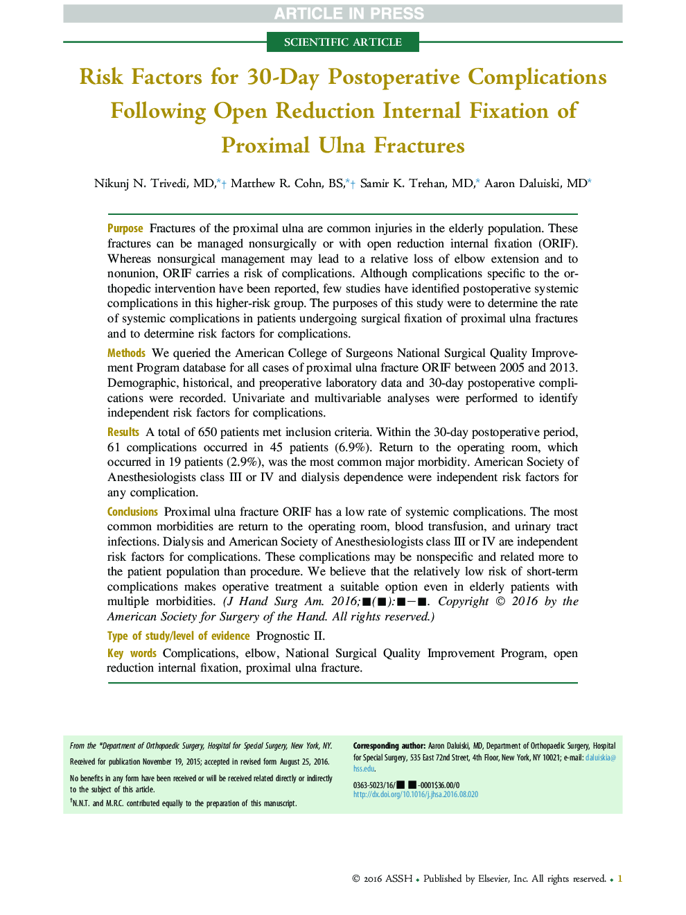 Risk Factors for 30-Day Postoperative Complications Following Open Reduction Internal Fixation of ProximalÂ Ulna Fractures