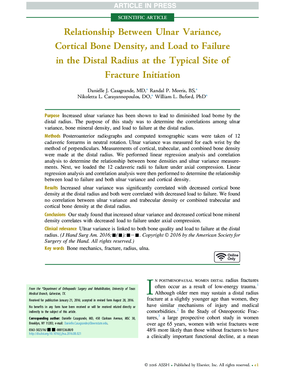 Relationship Between Ulnar Variance, Cortical Bone Density, and Load to Failure in the Distal Radius at the Typical Site of Fracture Initiation