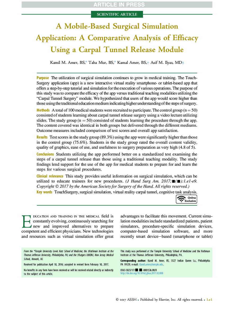 A Mobile-Based Surgical Simulation Application: A Comparative Analysis of Efficacy Using a Carpal Tunnel ReleaseÂ Module