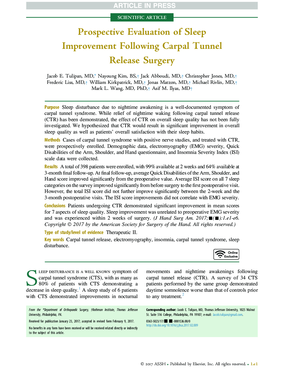 Prospective Evaluation of Sleep Improvement Following Carpal Tunnel Release Surgery