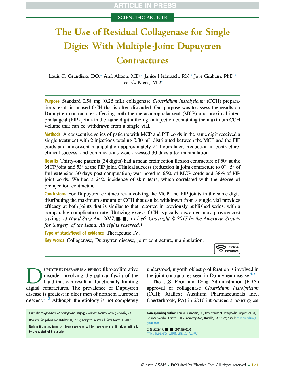 The Use of Residual Collagenase for Single Digits With Multiple-Joint Dupuytren Contractures