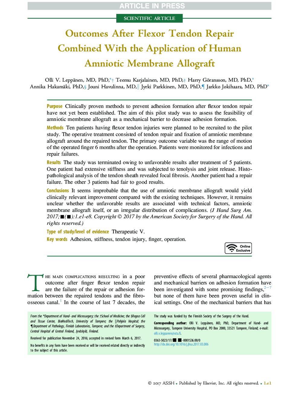 Outcomes After Flexor Tendon Repair Combined With the Application of Human Amniotic Membrane Allograft