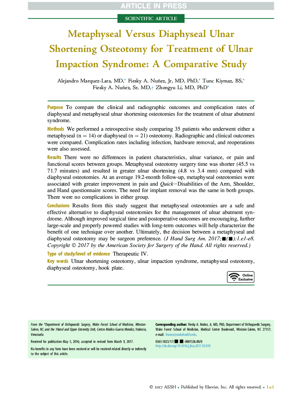 استافیلوکوکائین متافیزال در مقابل دیافیزال اولنار کوتاه کردن استئوپروز در درمان سندرم ضربه اولنار: مطالعه مقایسه ای 