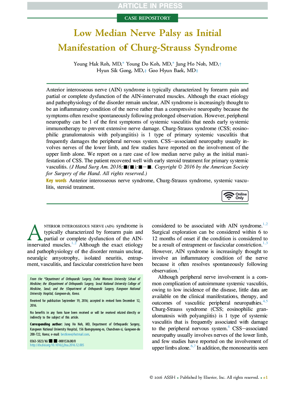 Low Median Nerve Palsy as Initial Manifestation of Churg-Strauss Syndrome