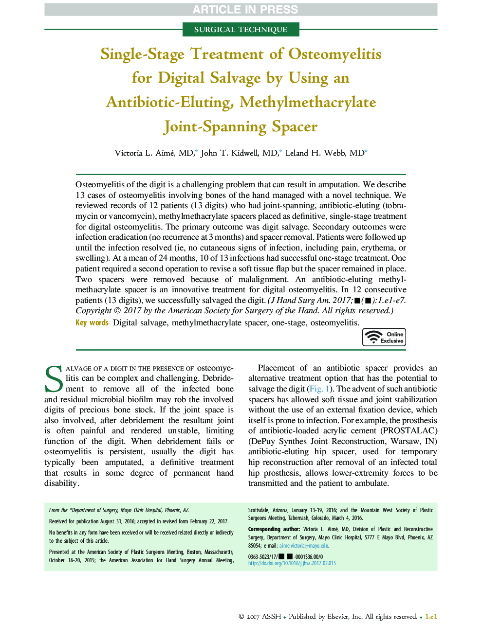 درمان تک مرحله ای استئومیلیت برای تخریب دیجیتالی با استفاده از یک آنتی بیوتیک زنده، متیل متاکریلات مشترک 