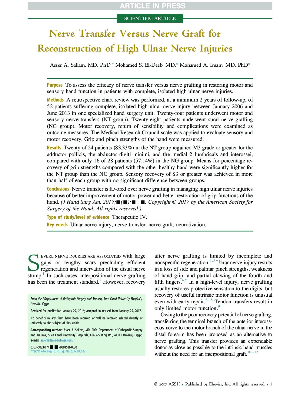 Nerve Transfer Versus Nerve Graft for Reconstruction of High Ulnar Nerve Injuries