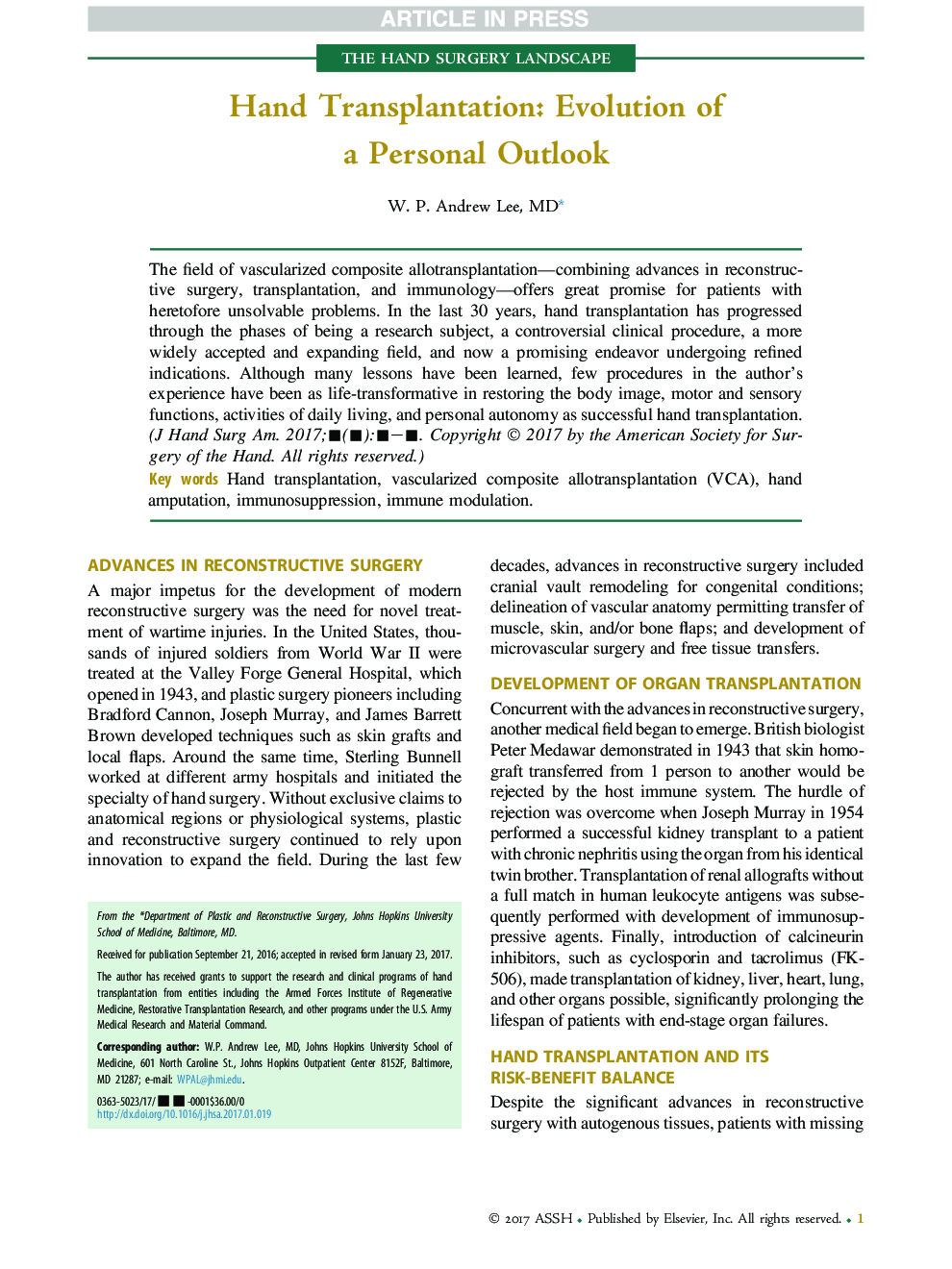 Hand Transplantation: Evolution of aÂ Personal Outlook