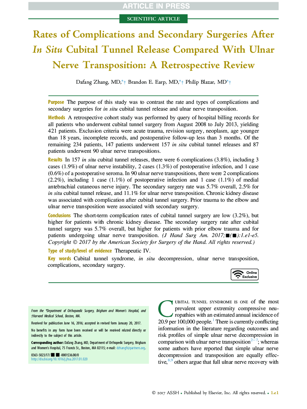 Rates of Complications and Secondary Surgeries After InÂ Situ Cubital Tunnel Release Compared With Ulnar Nerve Transposition: A Retrospective Review