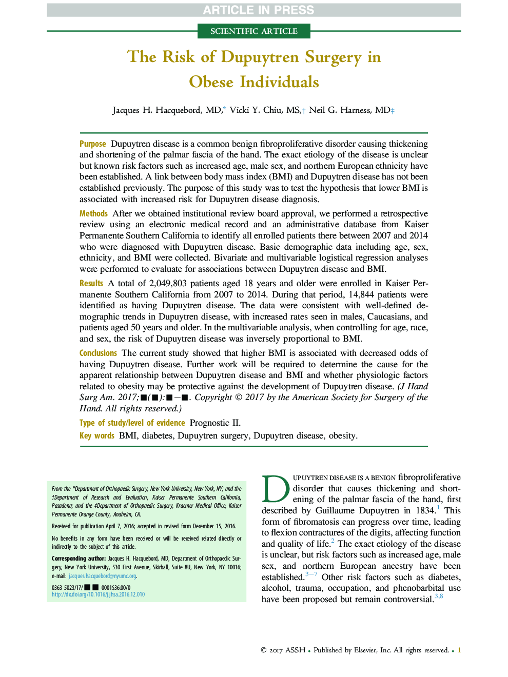 The Risk of Dupuytren Surgery in ObeseÂ Individuals