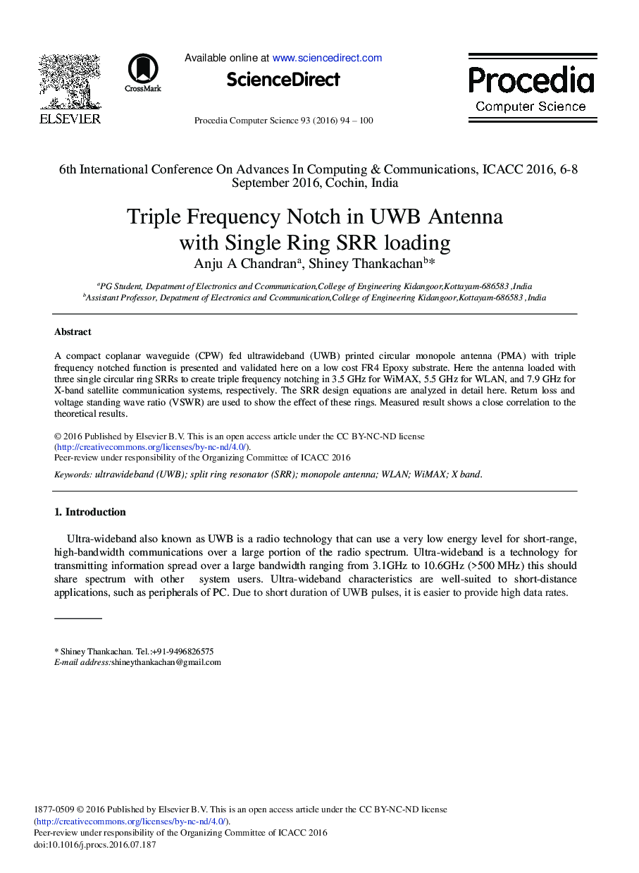 Triple Frequency Notch in UWB Antenna with Single Ring SRR Loading 