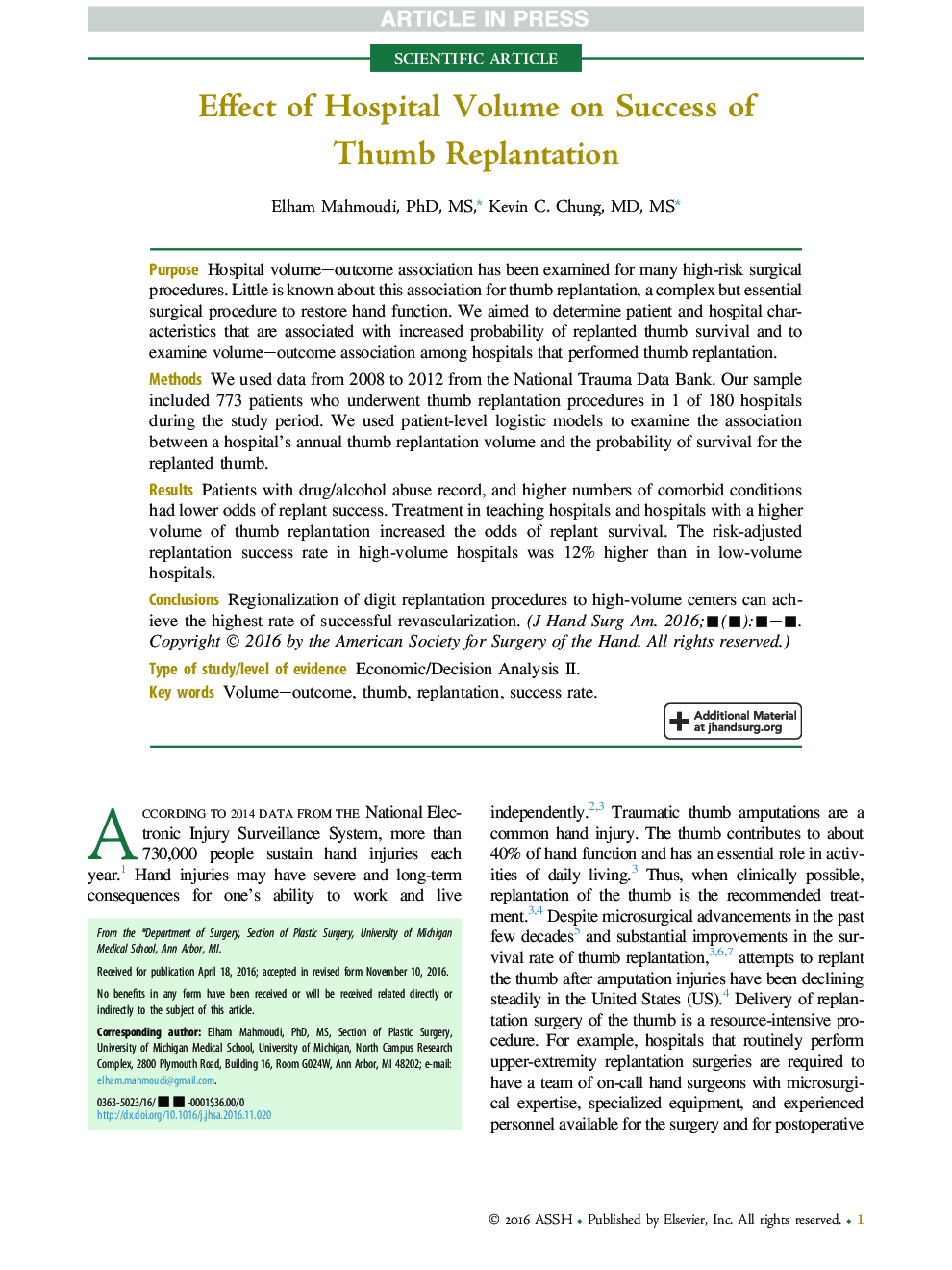 Effect of Hospital Volume on Success of Thumb Replantation