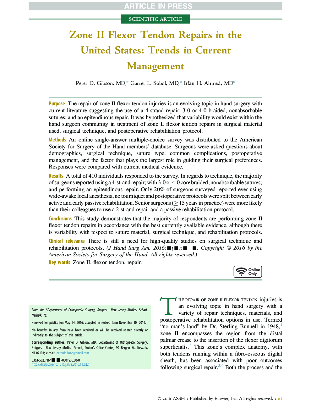 Zone II Flexor Tendon Repairs in the United States: Trends in Current Management