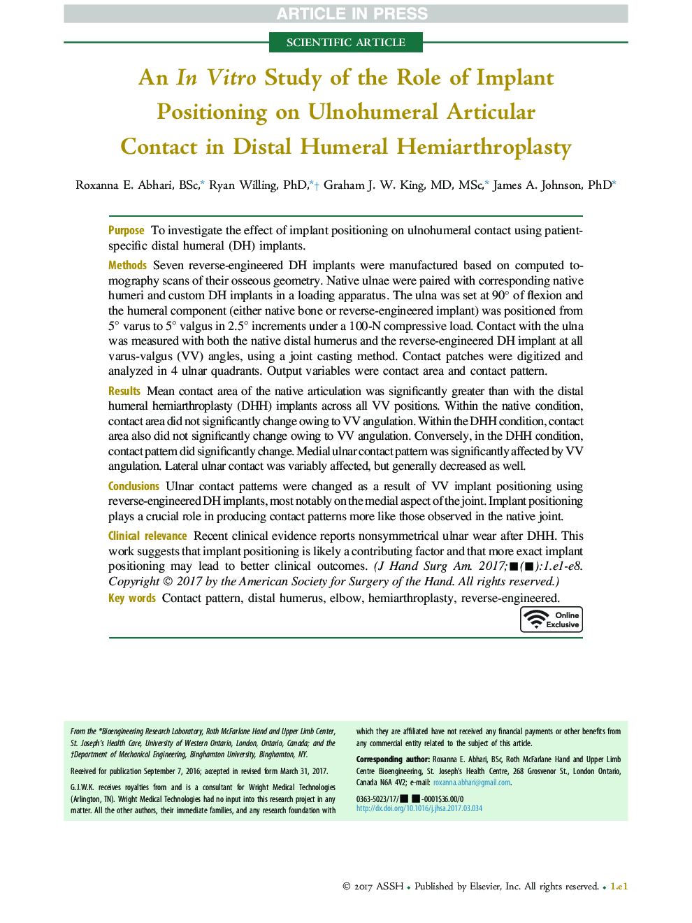 An InÂ Vitro Study of the Role of Implant Positioning on Ulnohumeral Articular Contact in Distal Humeral Hemiarthroplasty