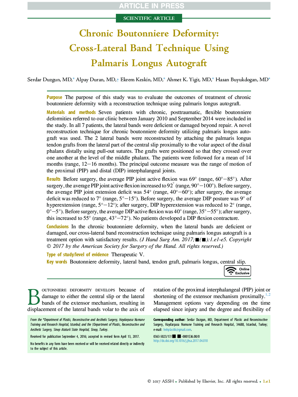 Chronic Boutonniere Deformity: Cross-Lateral Band Technique Using Palmaris Longus Autograft