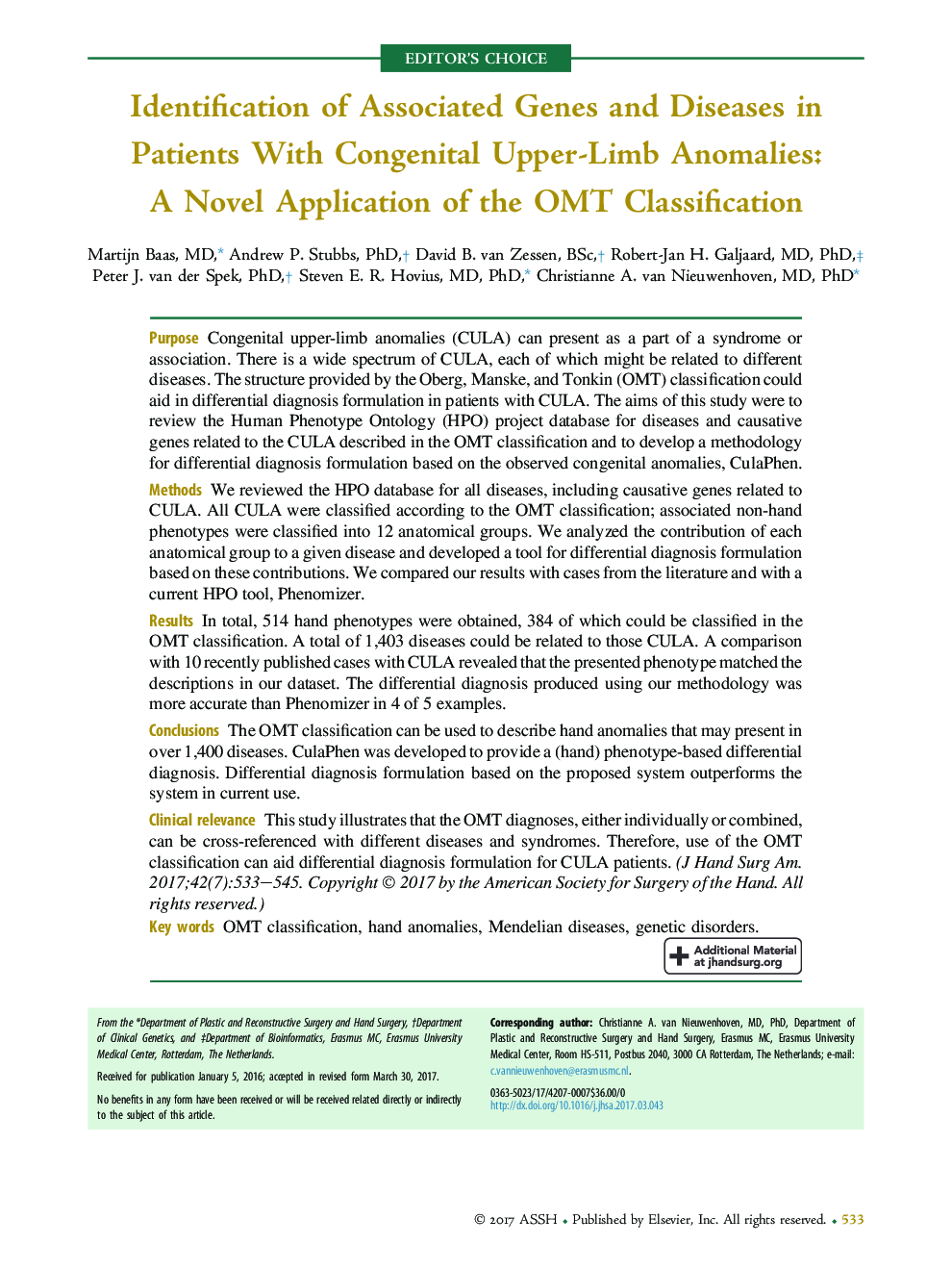 Identification of Associated Genes and Diseases in Patients With Congenital Upper-Limb Anomalies: A Novel Application of the OMT Classification