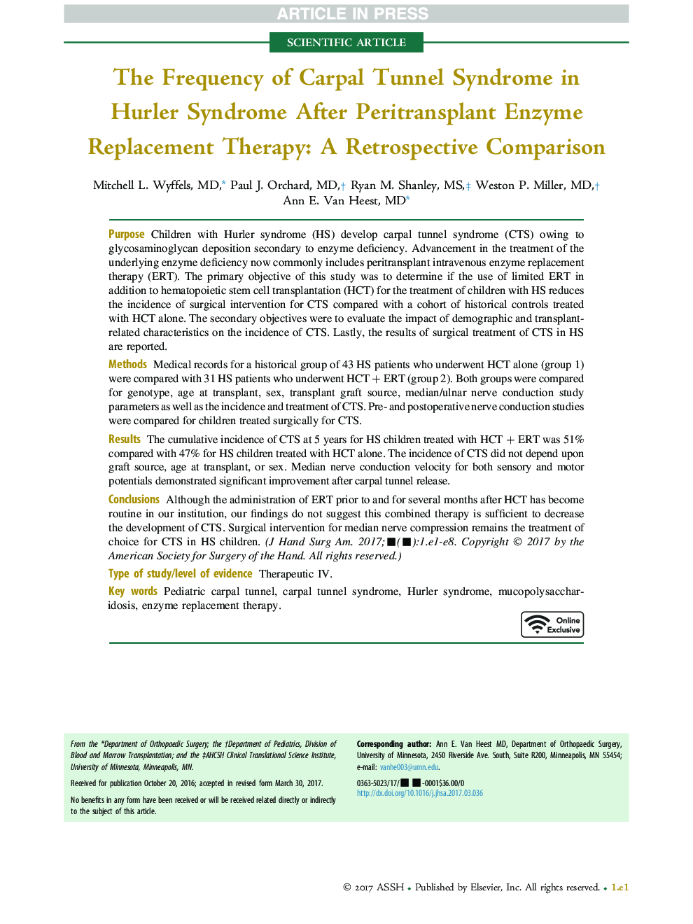 The Frequency of Carpal Tunnel Syndrome in Hurler Syndrome After Peritransplant Enzyme Replacement Therapy: A Retrospective Comparison