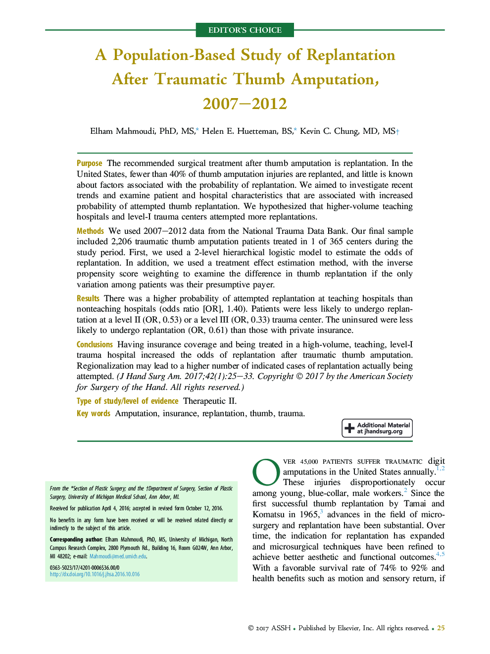 A Population-Based Study of Replantation After Traumatic Thumb Amputation, 2007-2012