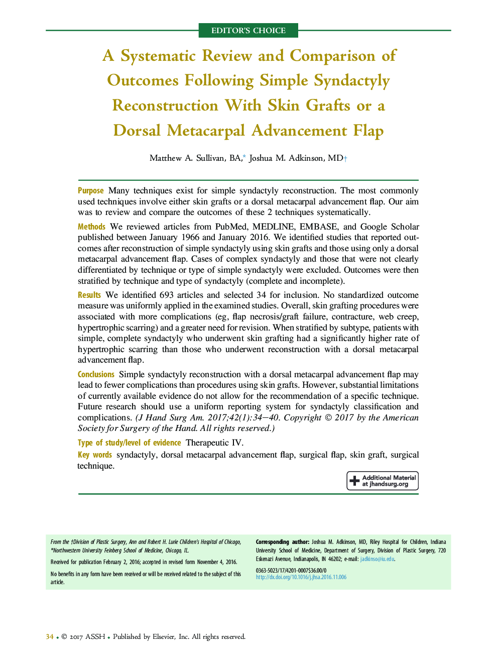 A Systematic Review and Comparison of Outcomes Following Simple Syndactyly Reconstruction With Skin Grafts or a Dorsal Metacarpal Advancement Flap