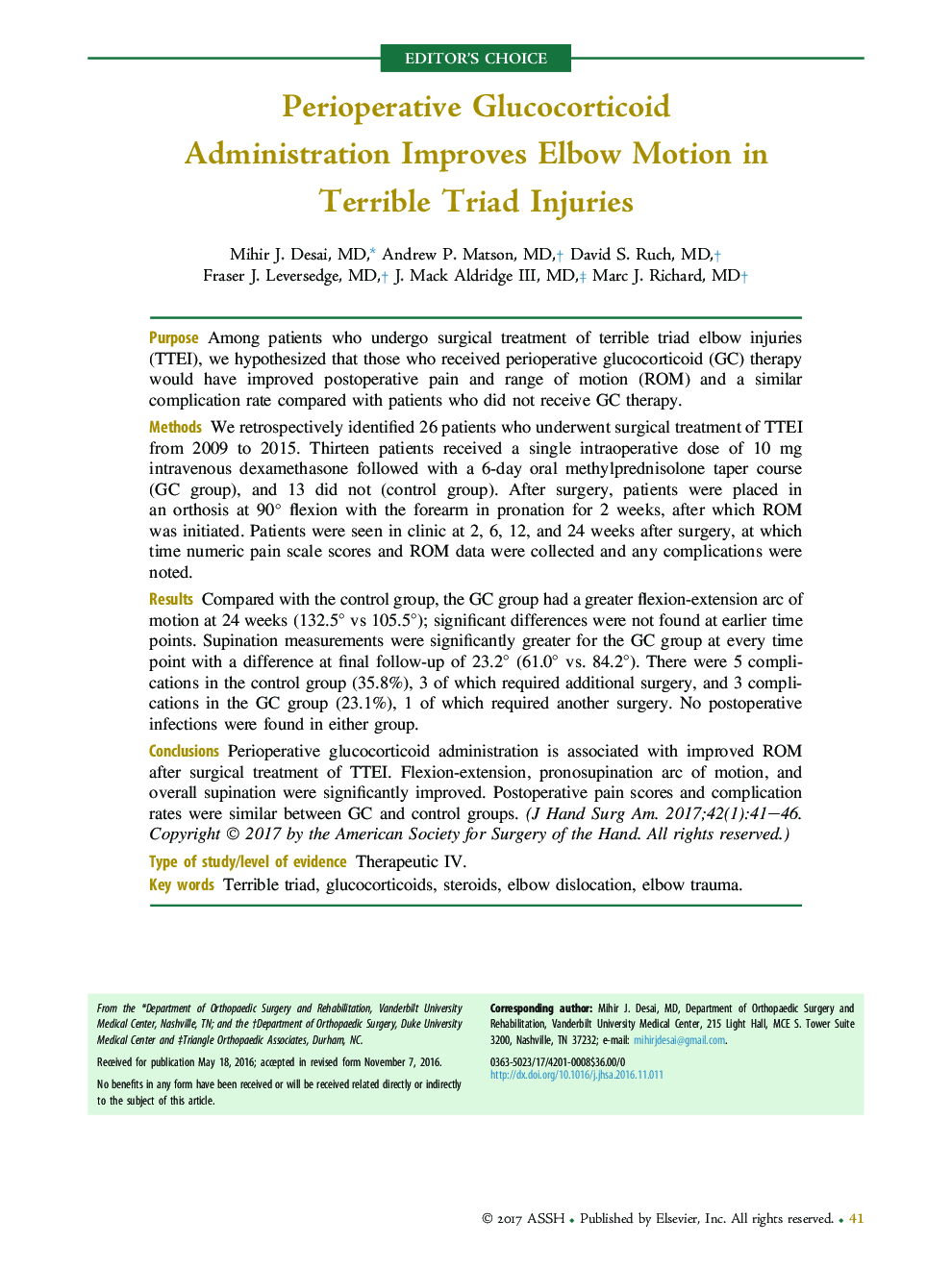 Perioperative Glucocorticoid Administration Improves Elbow Motion in Terrible Triad Injuries