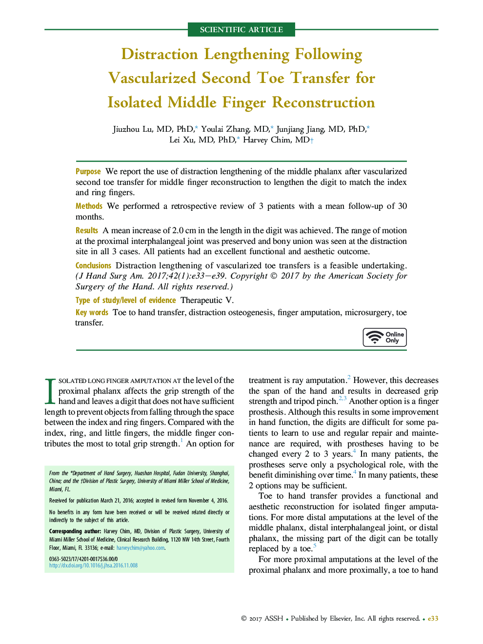 Distraction Lengthening Following Vascularized Second Toe Transfer for Isolated Middle Finger Reconstruction