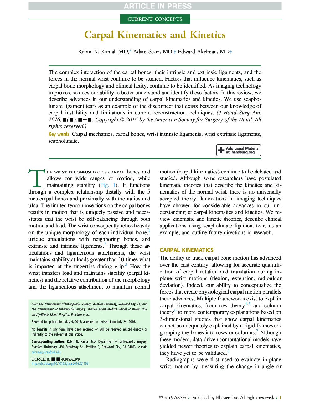 Carpal Kinematics and Kinetics