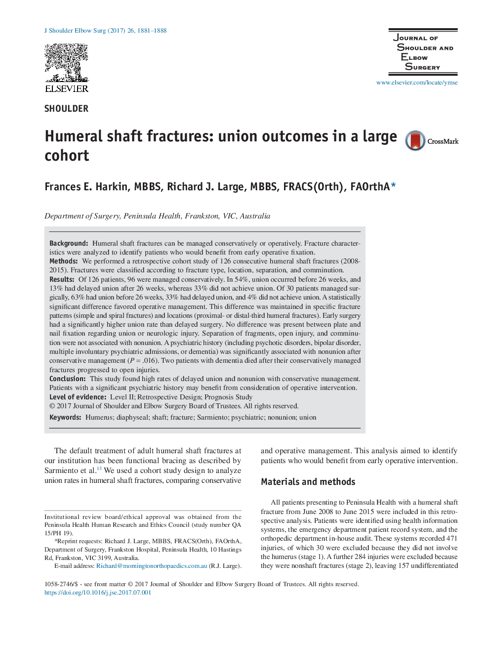 Humeral shaft fractures: union outcomes in a large cohort