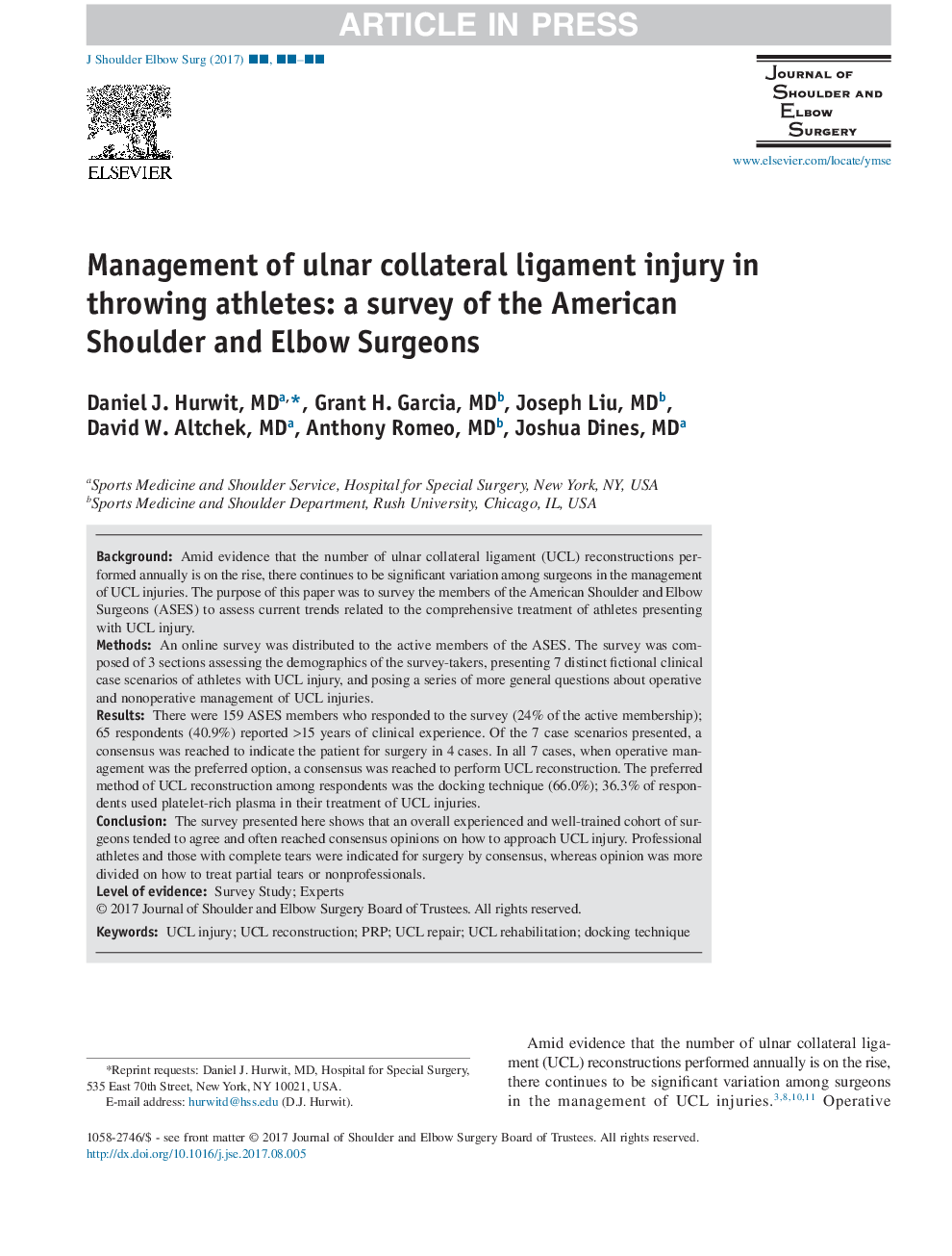 Management of ulnar collateral ligament injury in throwing athletes: a survey of the American Shoulder and Elbow Surgeons