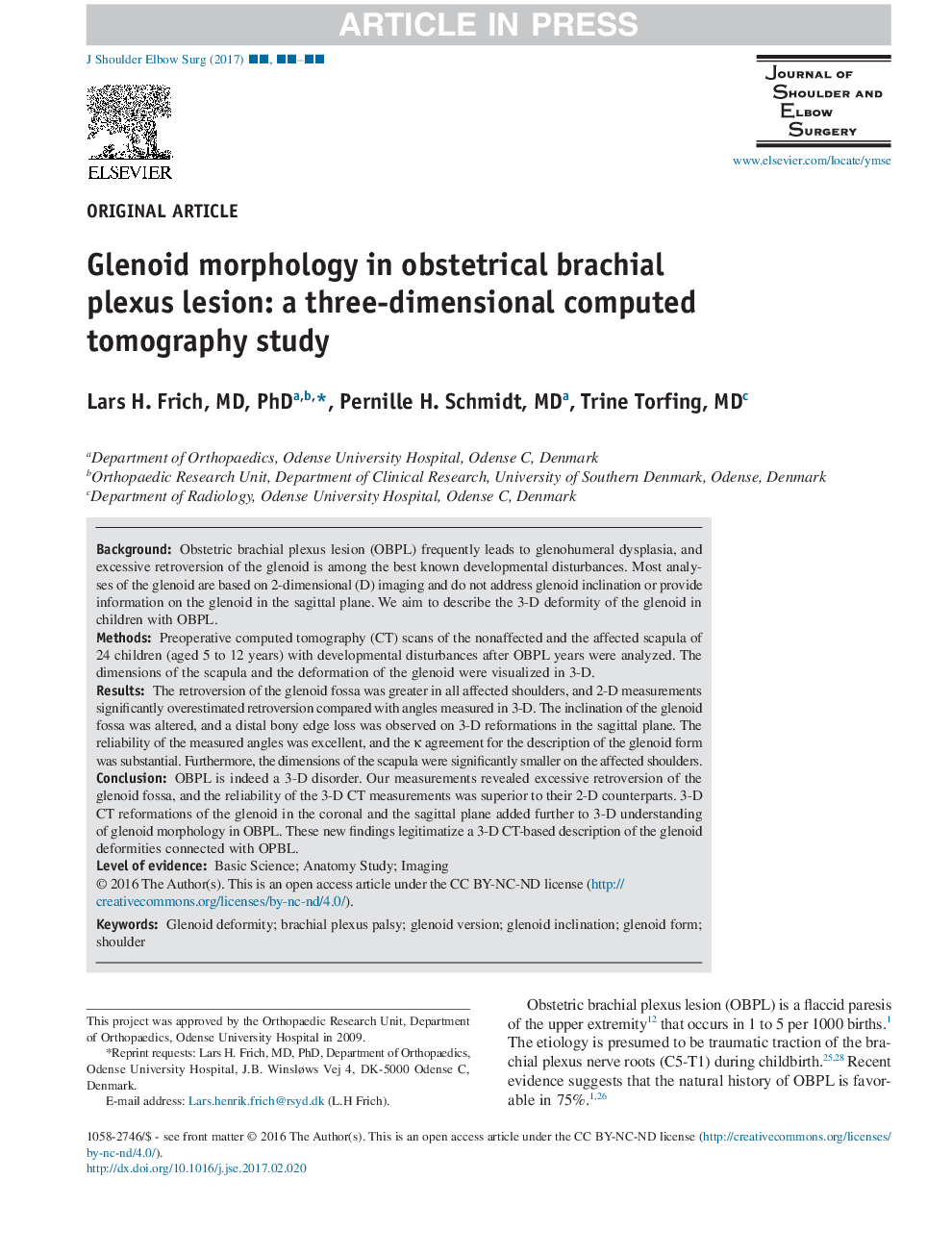 Glenoid morphology in obstetrical brachial plexus lesion: a three-dimensional computed tomography study