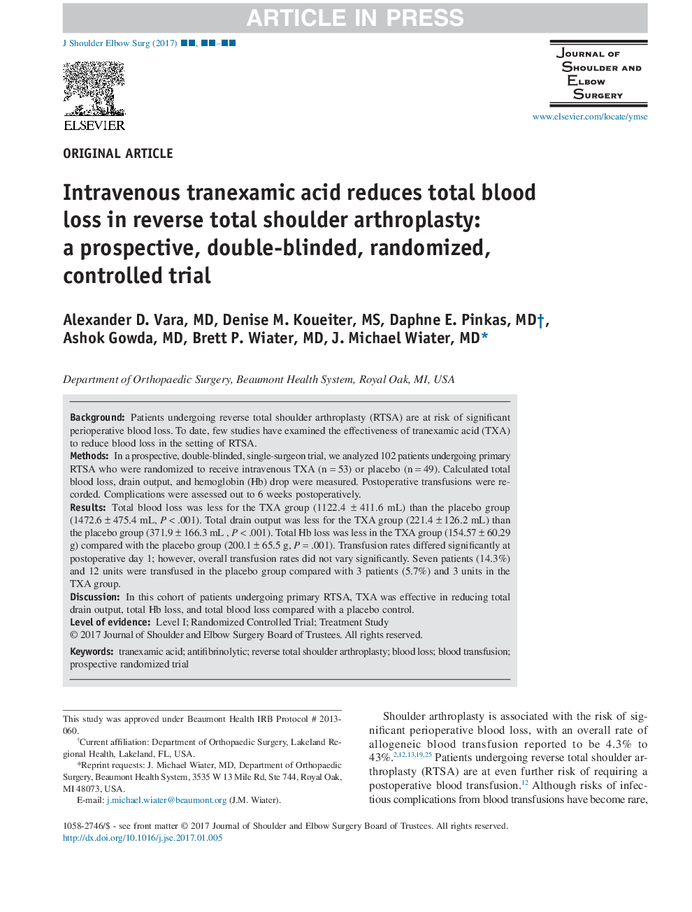 Intravenous tranexamic acid reduces total blood loss in reverse total shoulder arthroplasty: a prospective, double-blinded, randomized, controlled trial