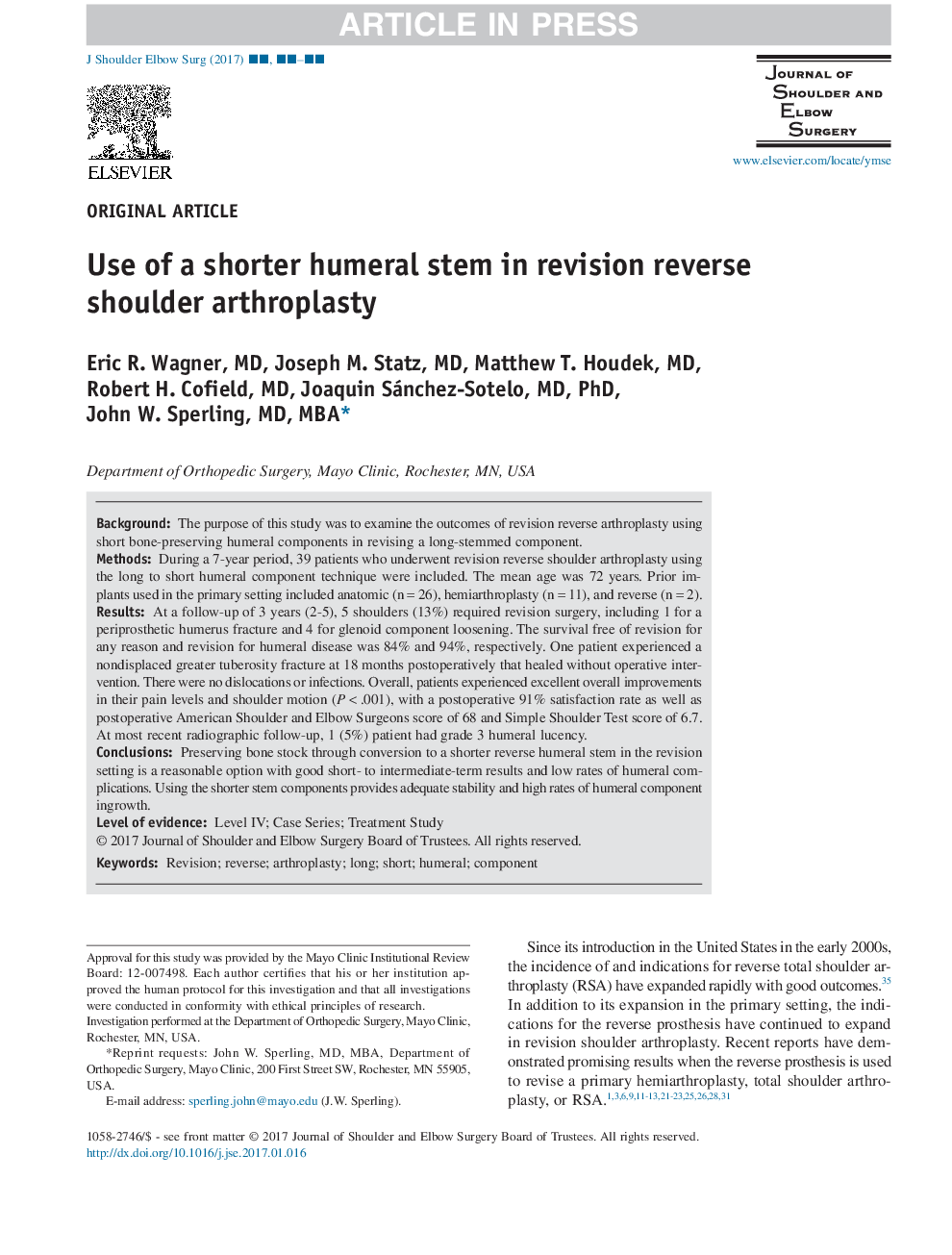 Use of a shorter humeral stem in revision reverse shoulder arthroplasty