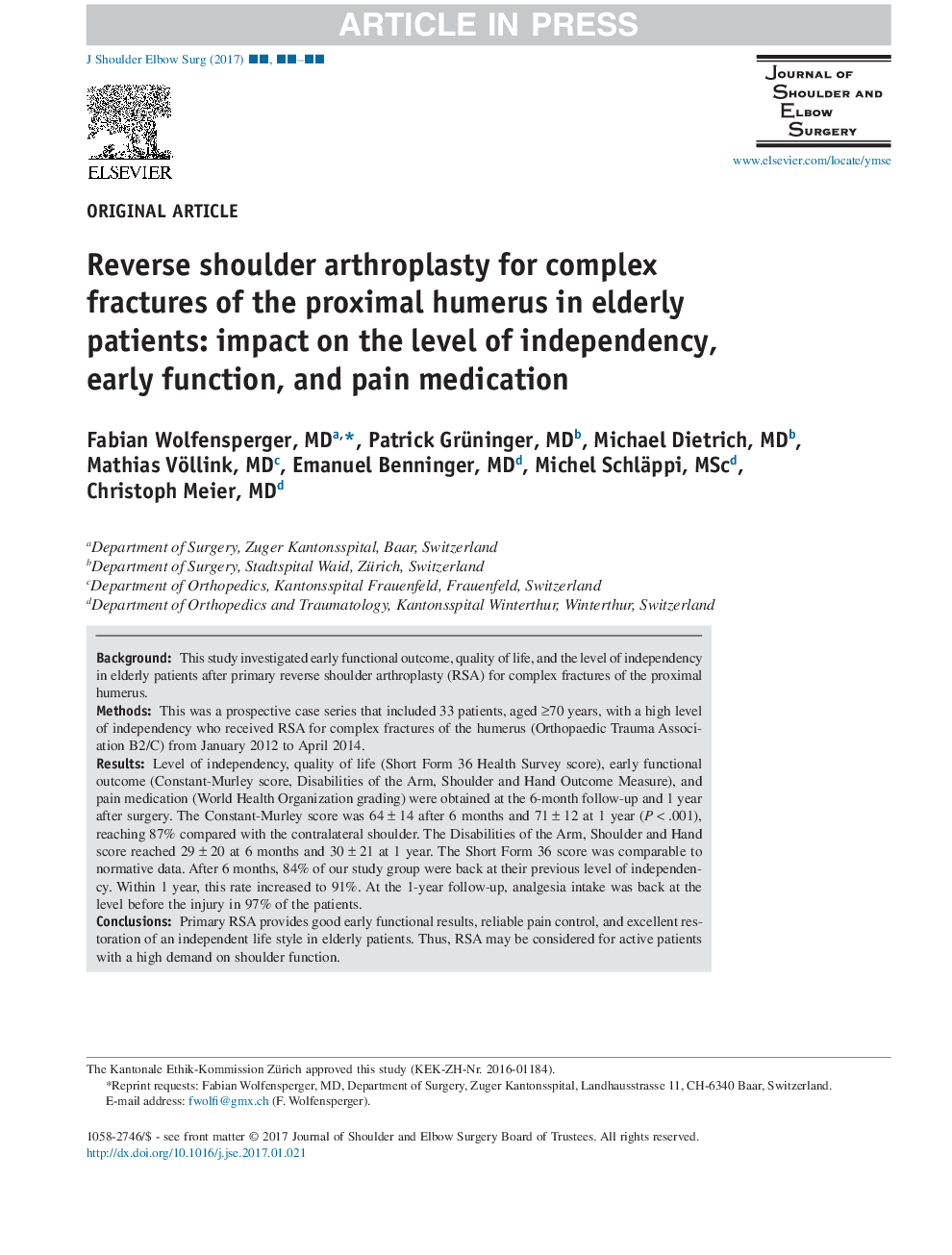 آرتروپلاستی شانه ای معکوس برای شکستگی های پیچیده برون دهلیزی پروگزیمال در سالمندان: تأثیر بر روی سطح استقلال، عملکرد اولیه و داروهای درد 