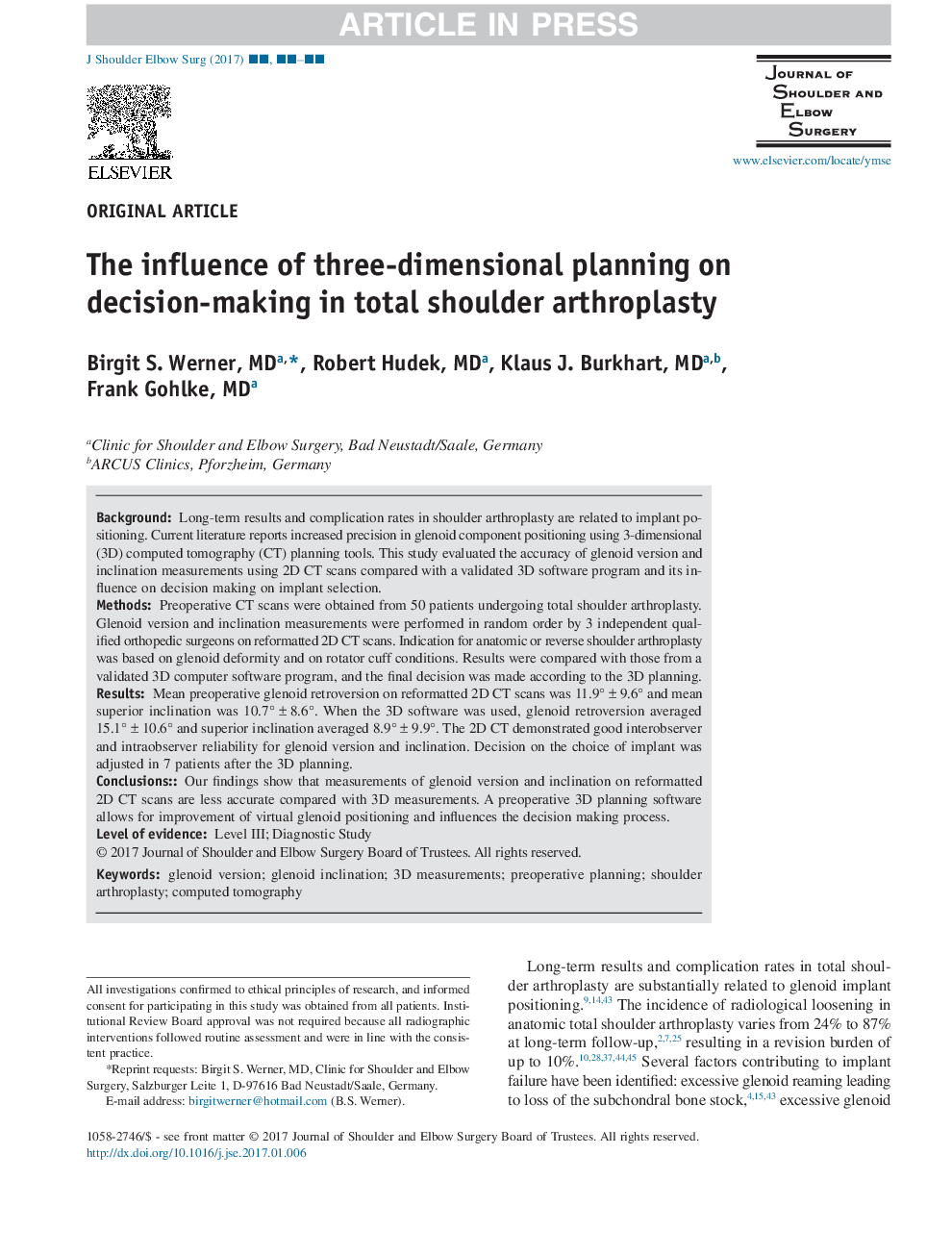 The influence of three-dimensional planning on decision-making in total shoulder arthroplasty