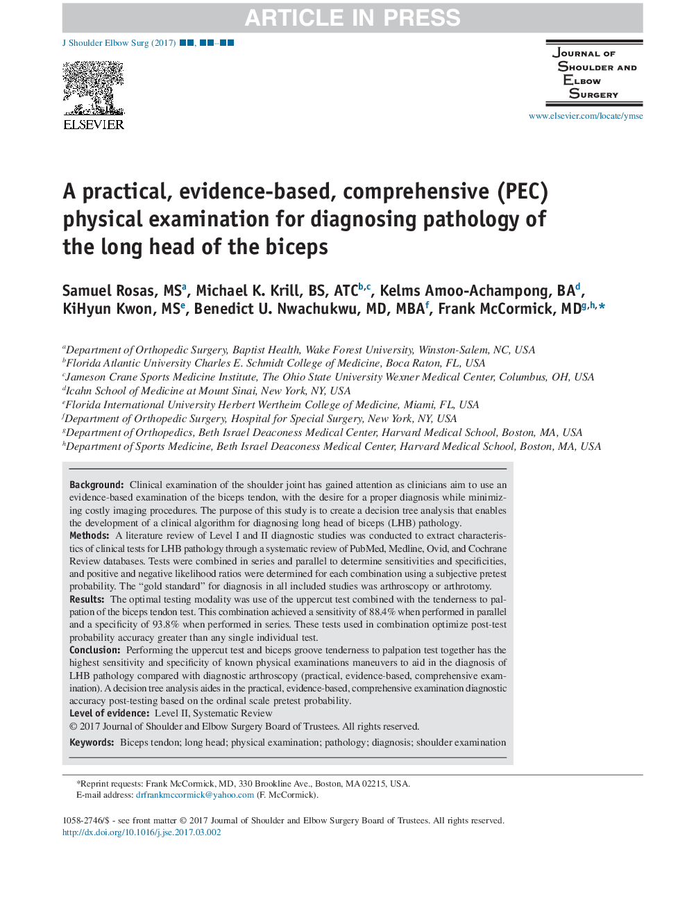 A practical, evidence-based, comprehensive (PEC) physical examination for diagnosing pathology of the long head of the biceps