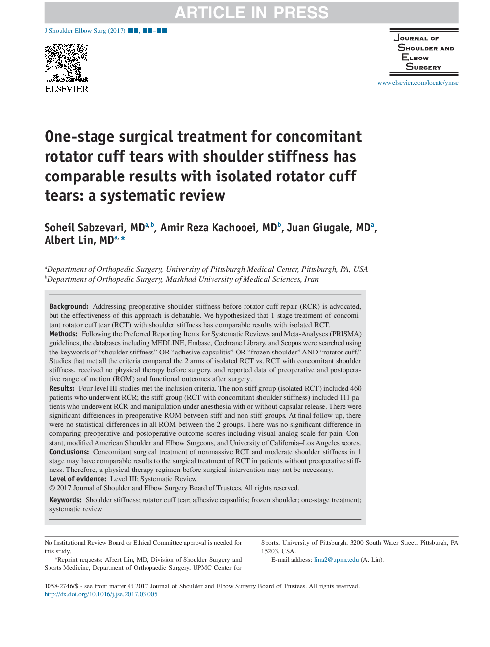 One-stage surgical treatment for concomitant rotator cuff tears with shoulder stiffness has comparable results with isolated rotator cuff tears: a systematic review