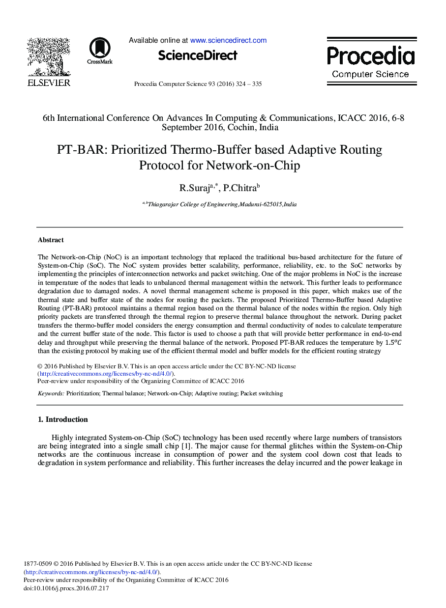 PT-BAR: Prioritized Thermo-Buffer Based Adaptive Routing Protocol for Network-on-chip 