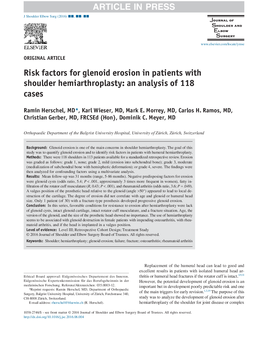 Risk factors for glenoid erosion in patients with shoulder hemiarthroplasty: an analysis of 118 cases