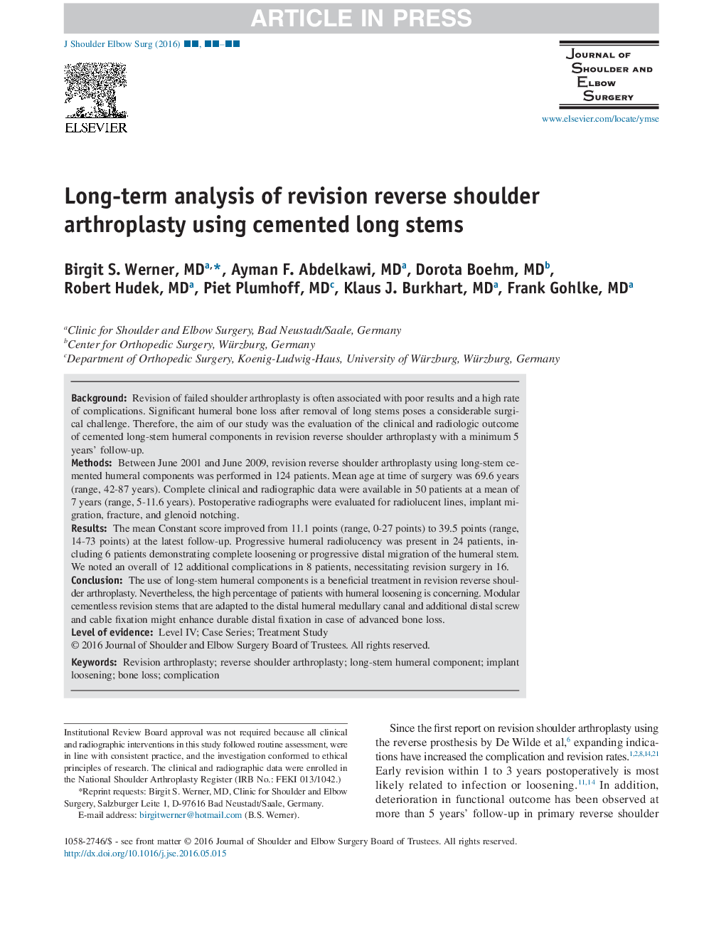 Long-term analysis of revision reverse shoulder arthroplasty using cemented long stems