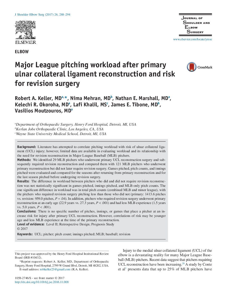 Major League pitching workload after primary ulnar collateral ligament reconstruction and risk for revision surgery