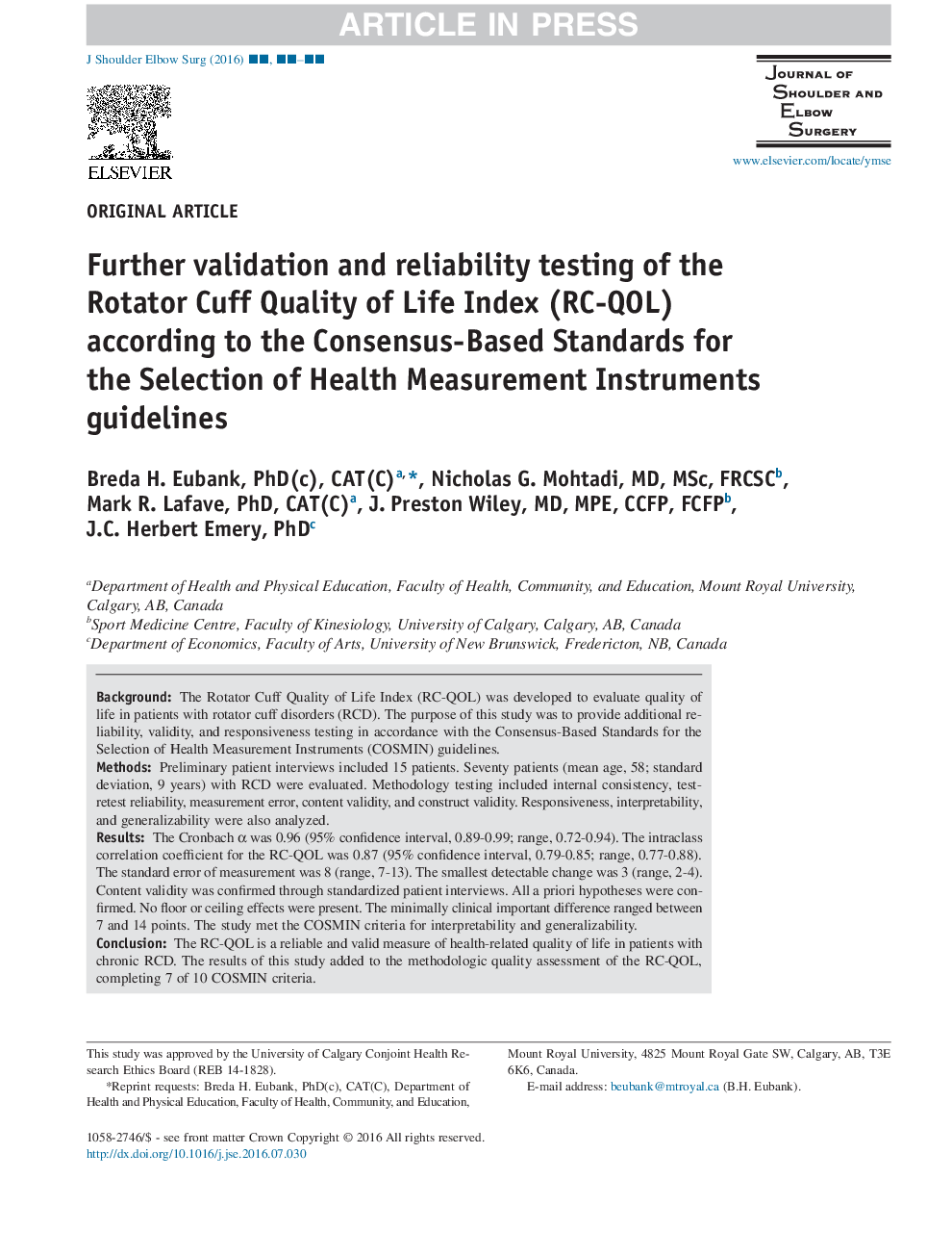 Further validation and reliability testing of the Rotator Cuff Quality of Life Index (RC-QOL) according to the Consensus-Based Standards for the Selection of Health Measurement Instruments (COSMIN) guidelines